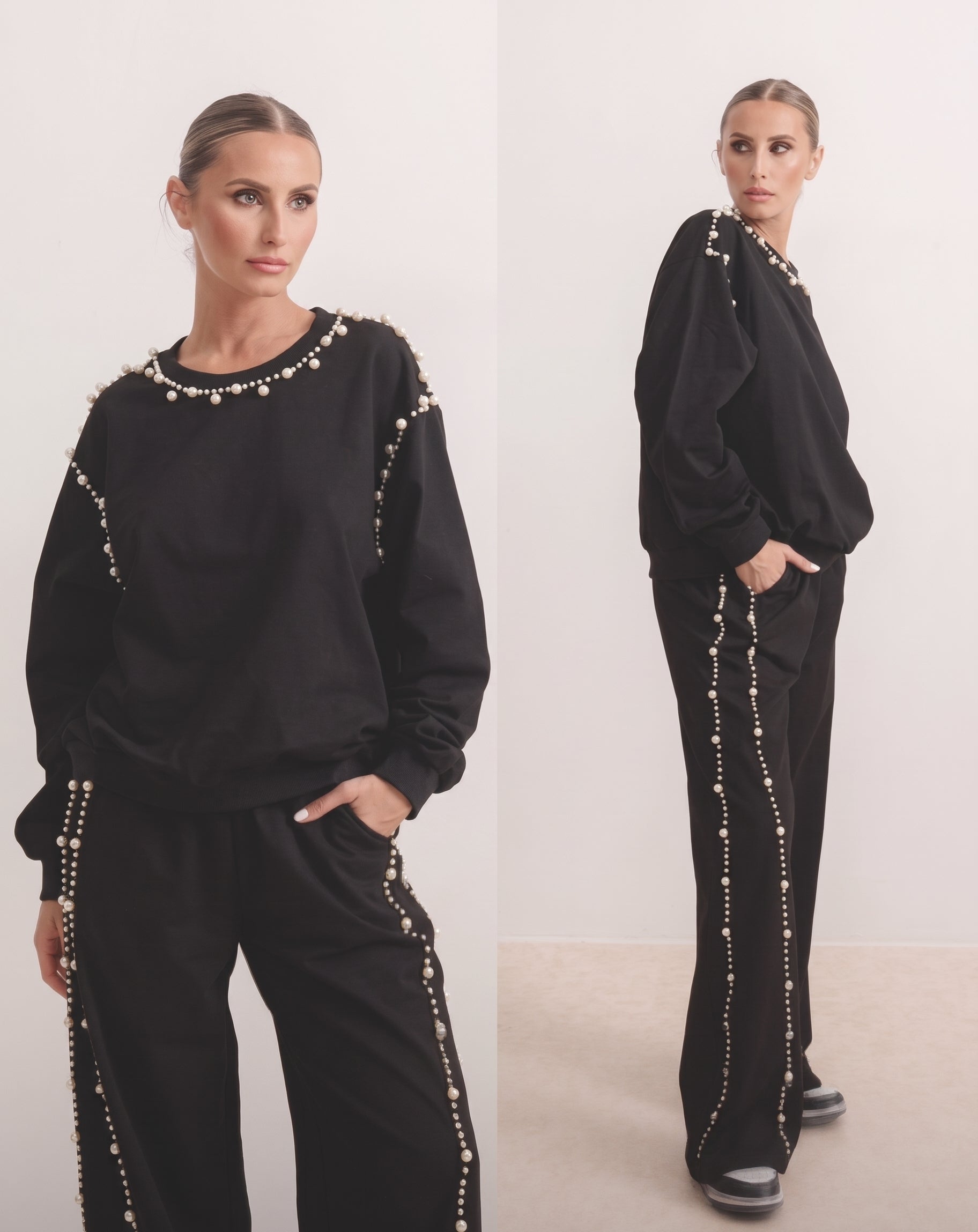 Compleu Eleonora – Set Due Pezzi Nero Impreziosito da Perle