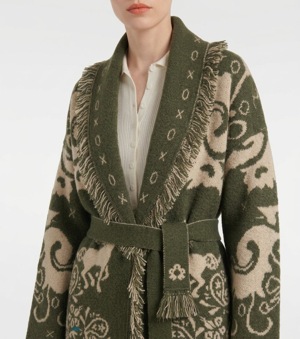 Cardigan Jacquard Amalia con Frange e Cintura