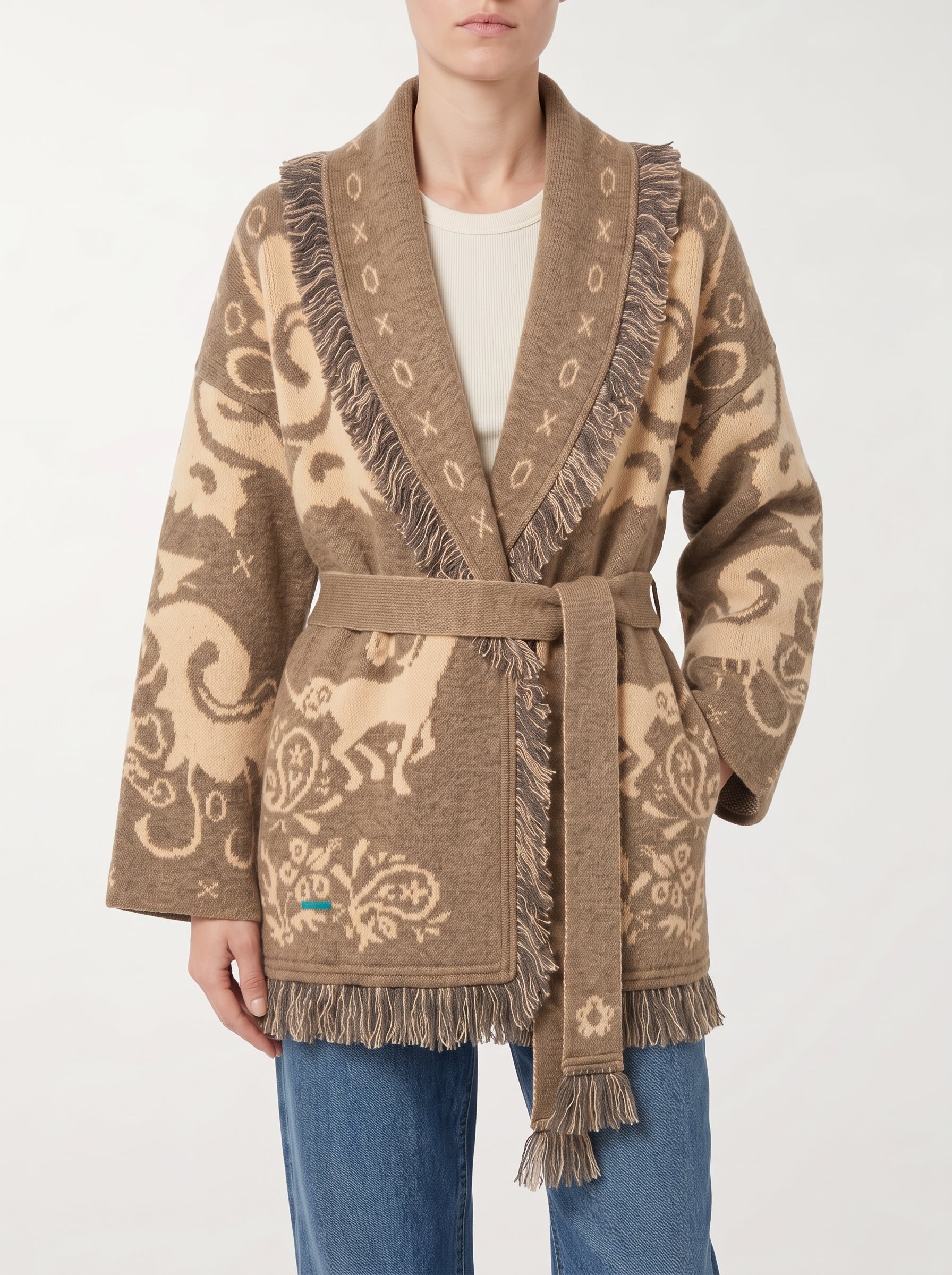 Cardigan Jacquard Amalia con Frange e Cintura