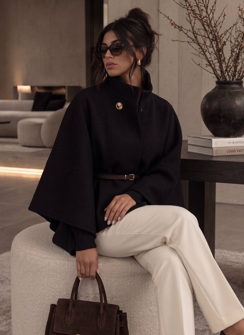 Poncho Mantella Ginevra – Testurizzato con Cintura e Bottone Oro